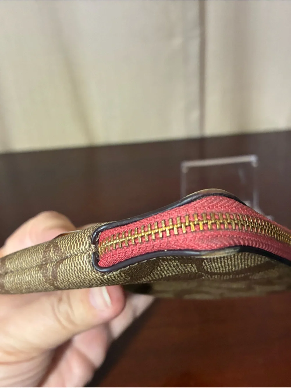 Coach Brown Signature Canvas Wristlet with Pink Heart Patch